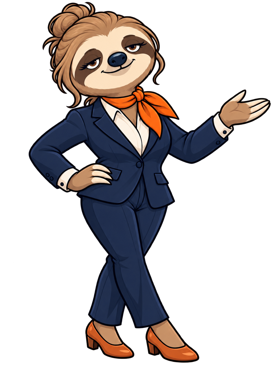 Female sloth in a navy suit welcoming members